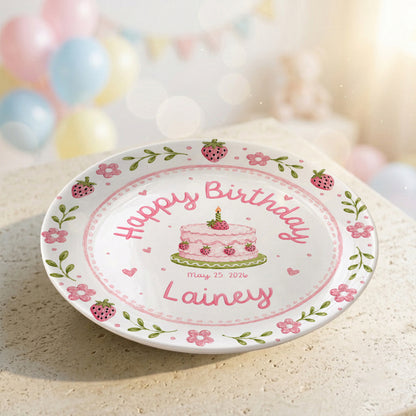 Strawberry Floral Cake Keepsake Ceramic Personalized Birthday Plate for Kids P83M4Y0