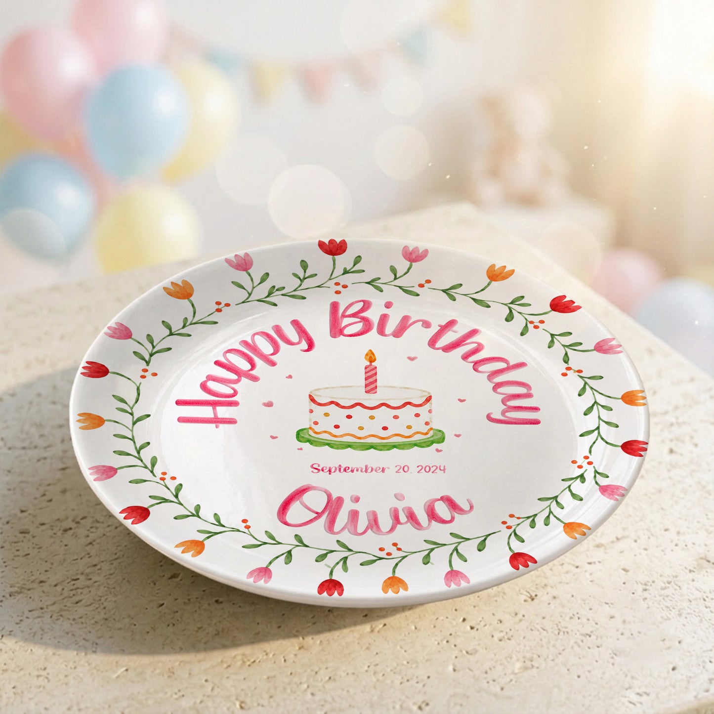 Tulip Floral Personalized Birthday Plate for Kids, Custom Name and Date Ceramic Keepsake P85E4U0