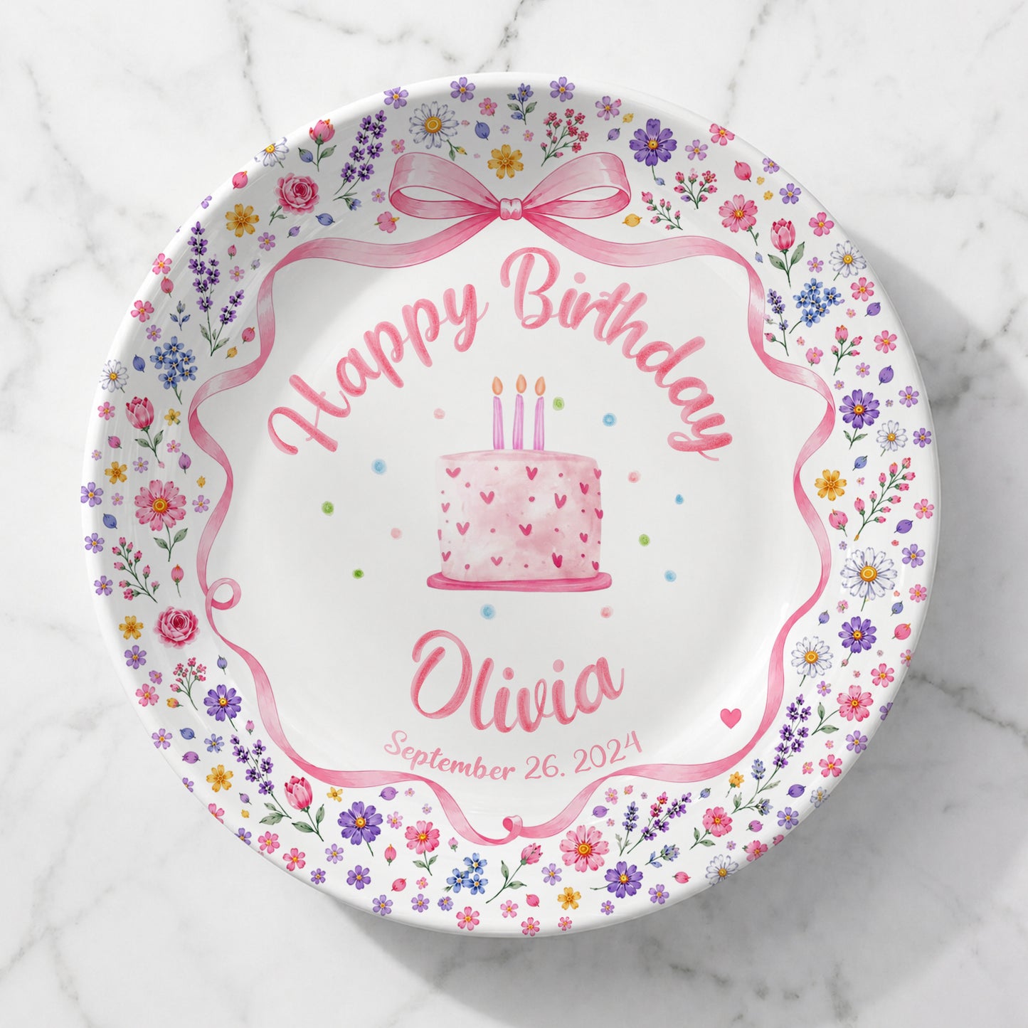 Pink Bow Floral Cake Personalized Birthday Plate P624WCW0