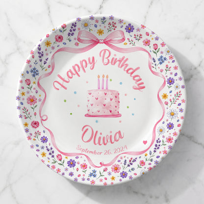 Pink Bow Floral Cake Personalized Birthday Plate P624WCW0