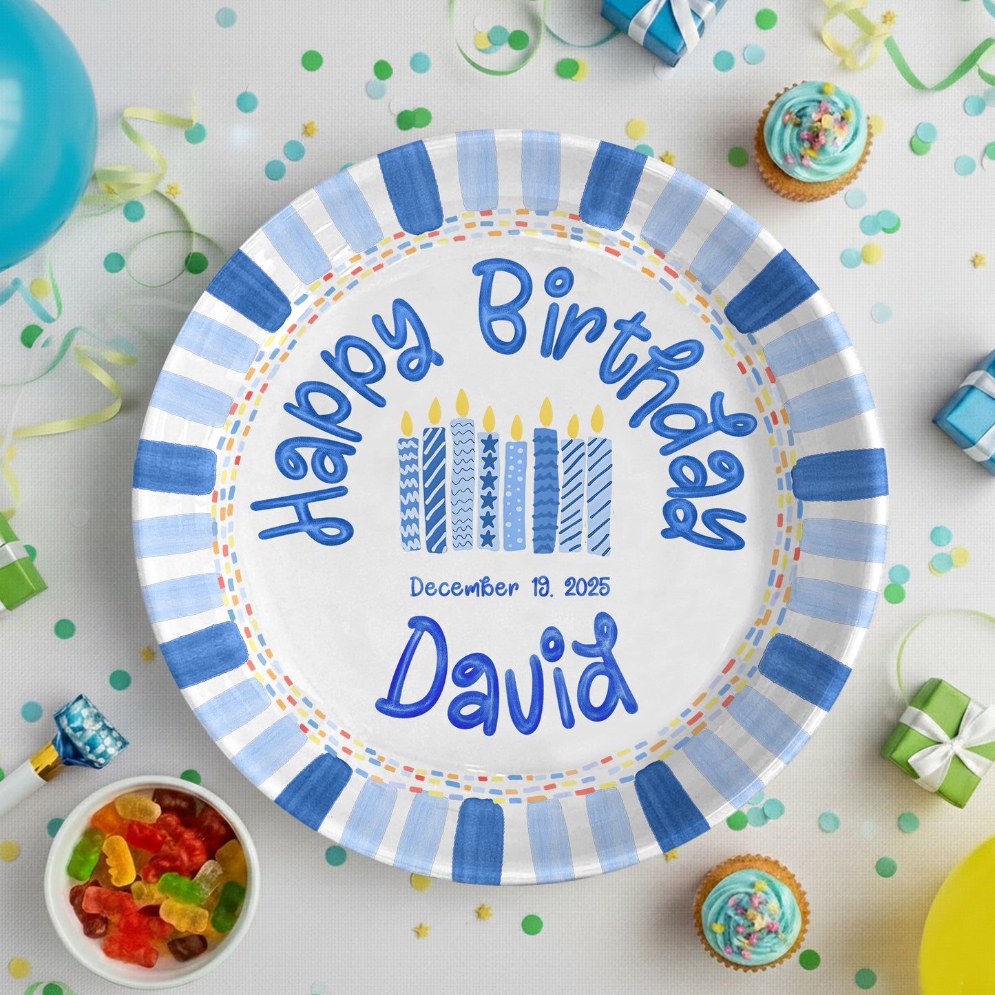 Patterned Blue Candles Personalized Birthday Plate P29SGG0