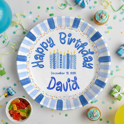 Patterned Blue Candles Personalized Birthday Plate P29SGG0