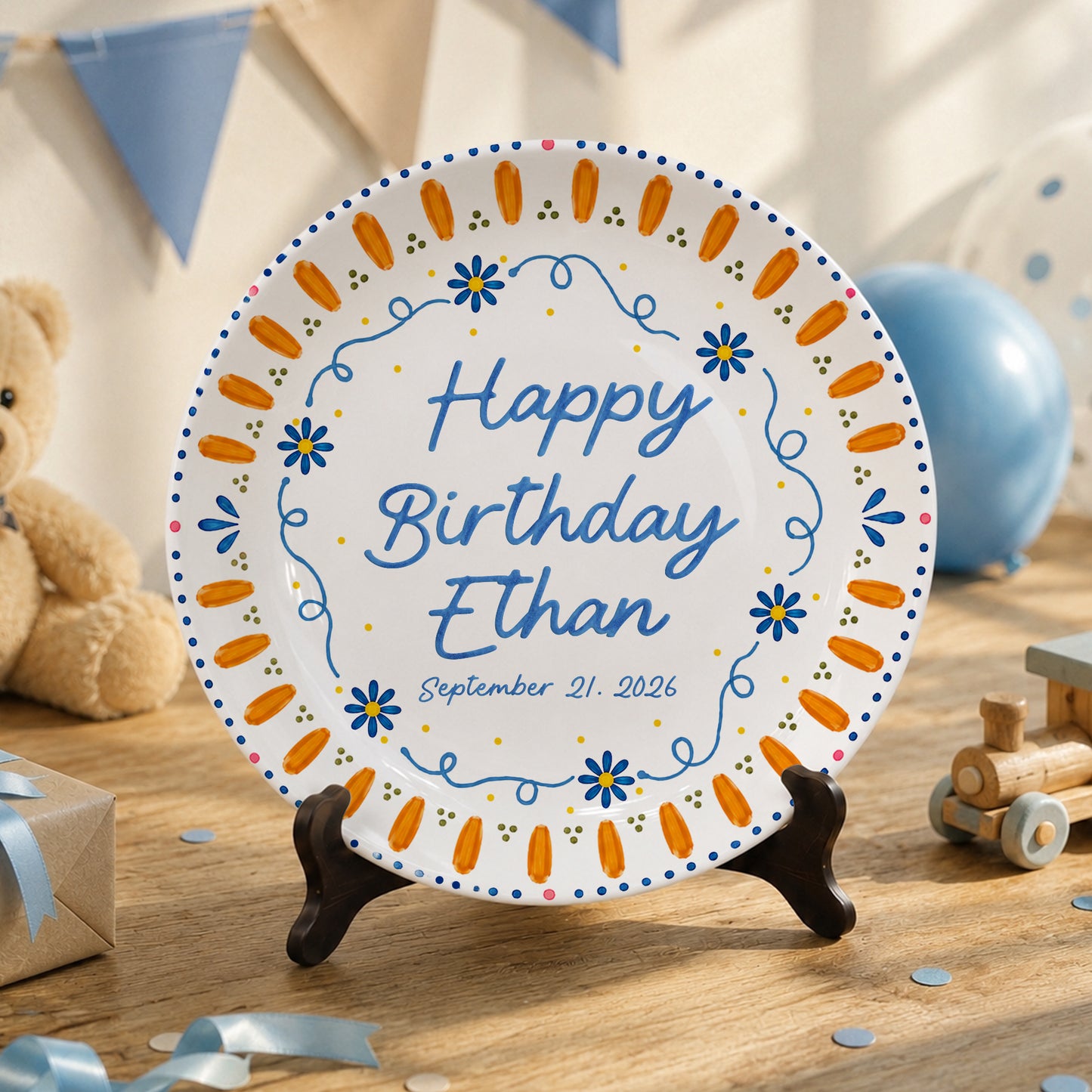 Orange Sunburst Border with Blue Flowers Personalized Birthday Plate P626HW0