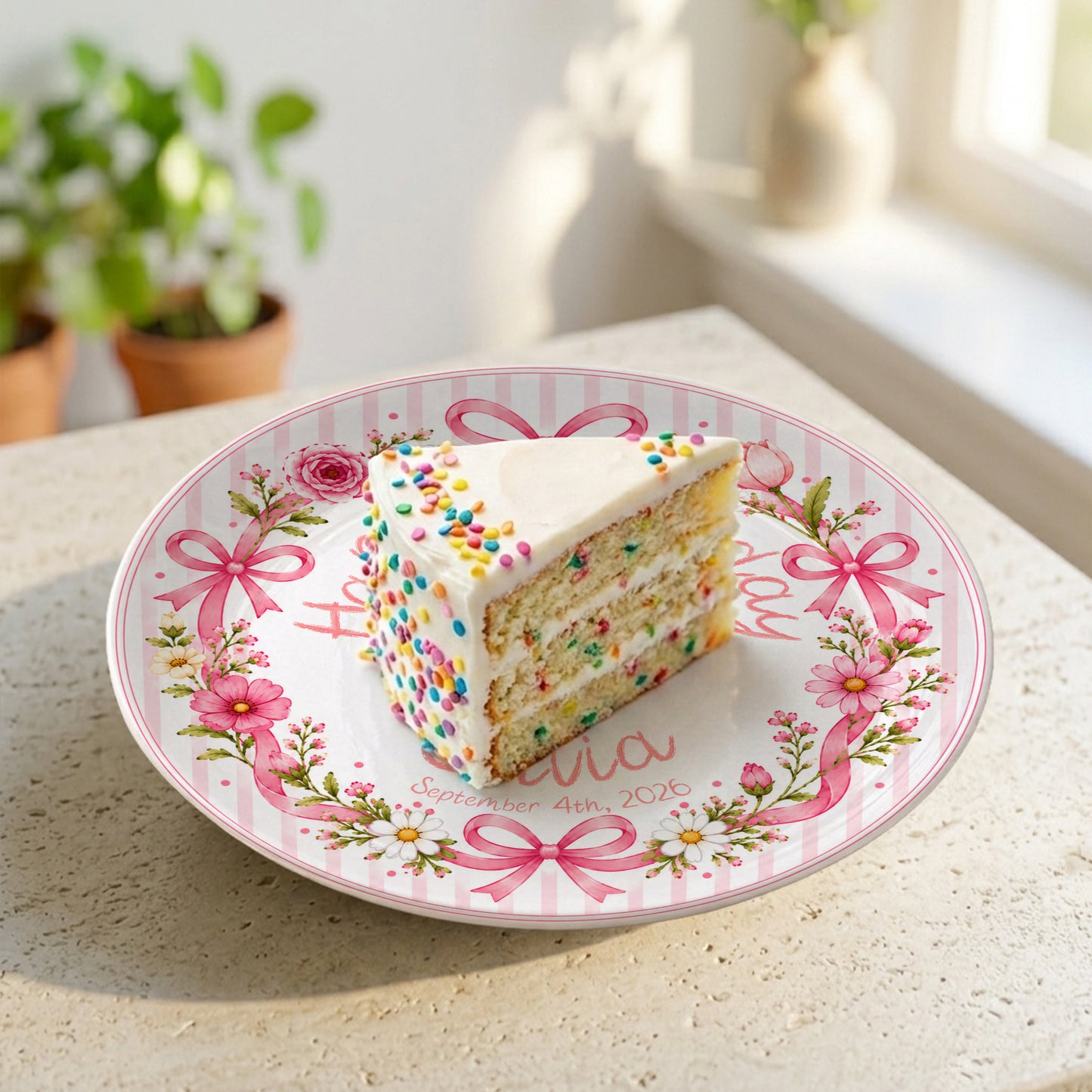 Pink Gingham Goose Keepsake Personalized Birthday Plate P718Q670