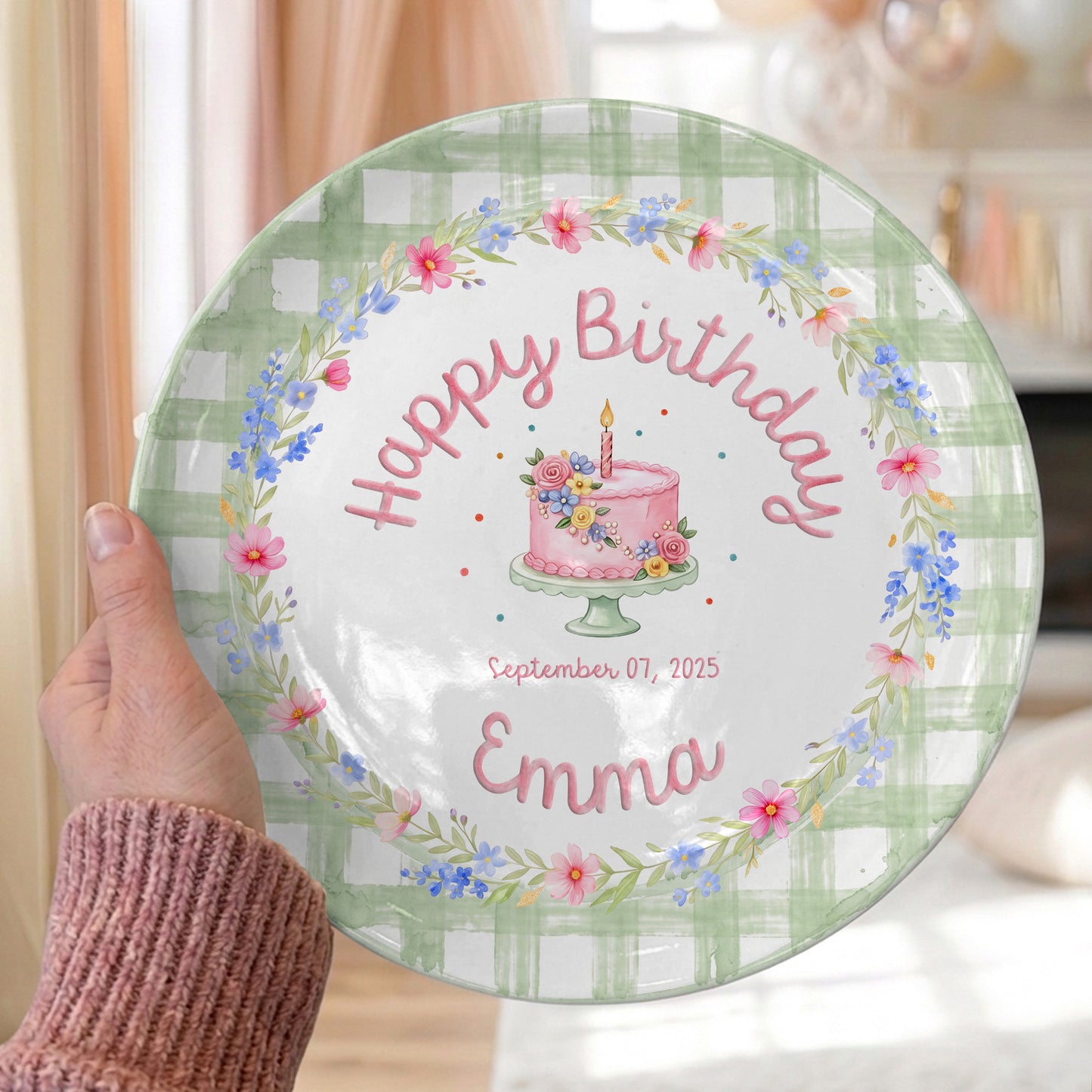 Sage Green Floral Cake Personalized Birthday Plate P331MYL0