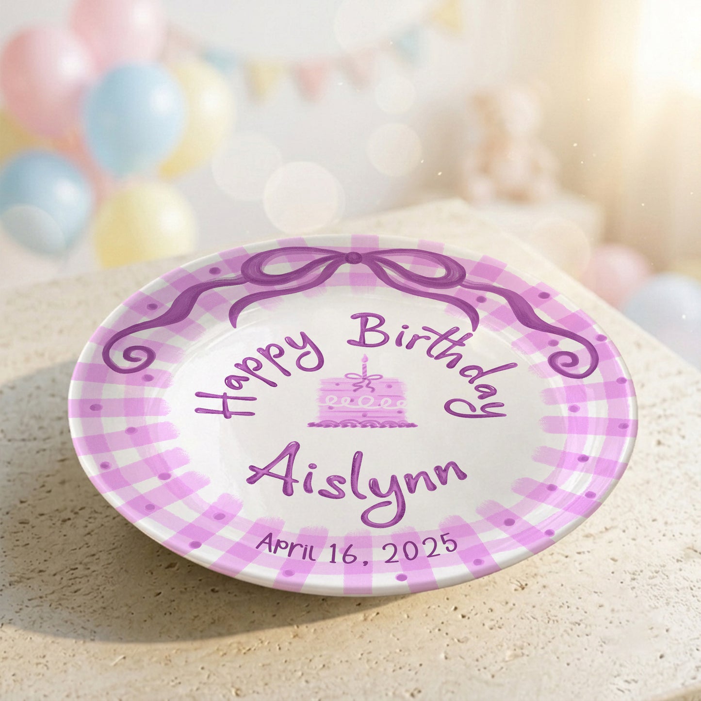 Pink Gingham Bow Personalized Birthday Plate for Kids, Custom Name and Date Ceramic Keepsake P85LHL0