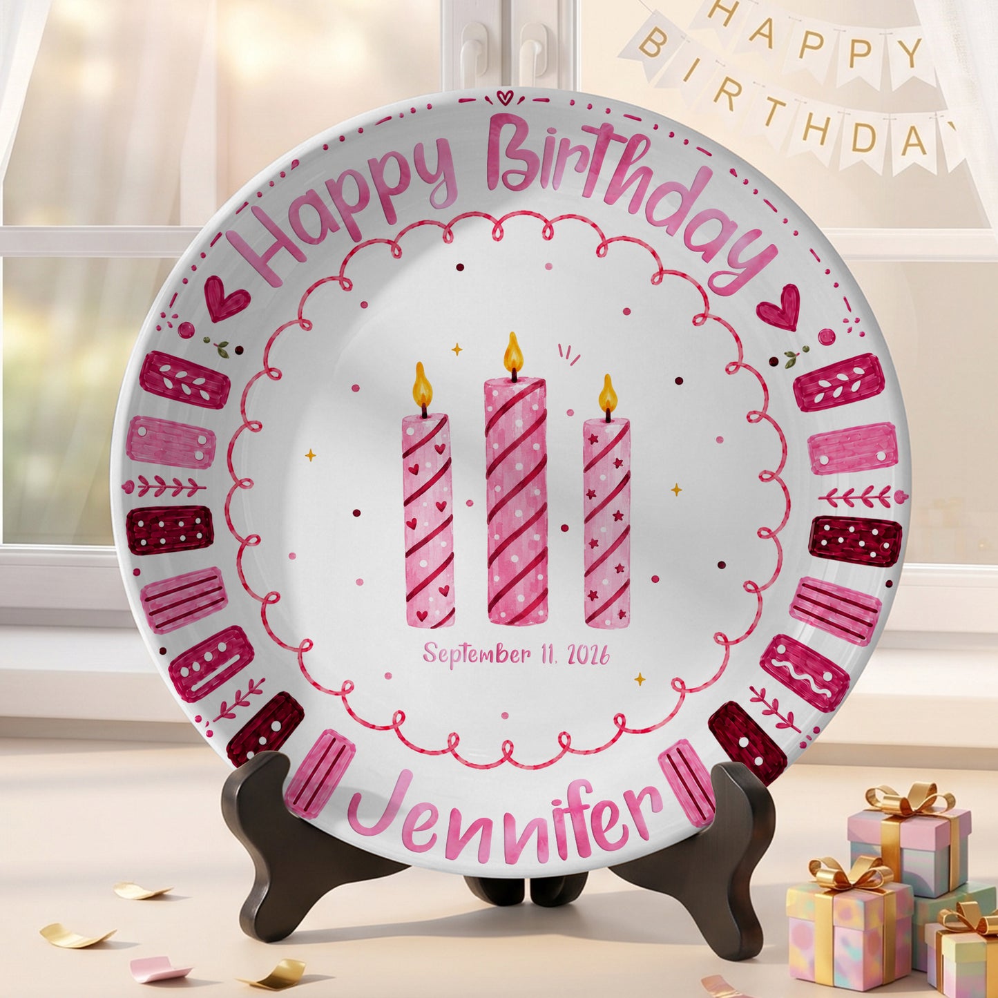 Pink Candle Border with Three Birthday Candles Personalized Birthday Plate P626WXMTT