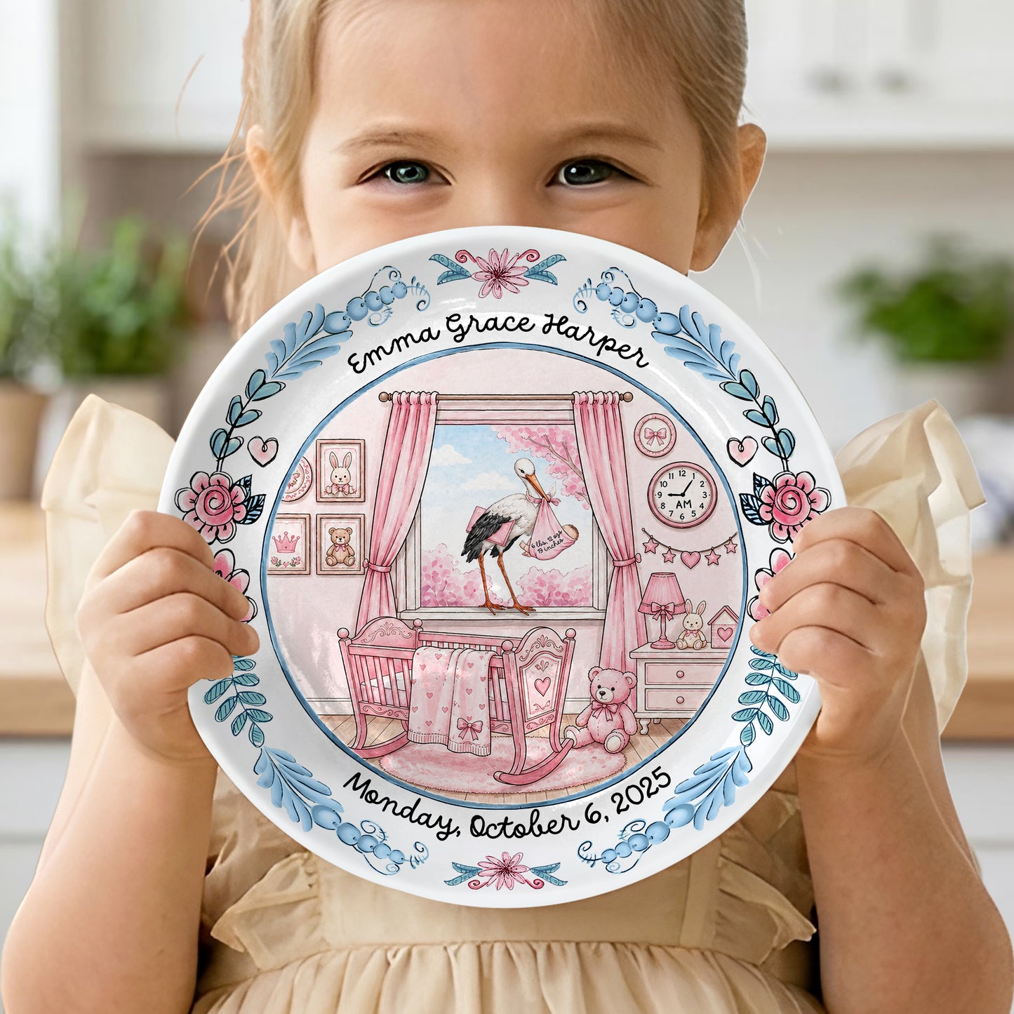 Pink Nursery Room with Stork and Floral Border Personalized Birthday Plate P518MN50