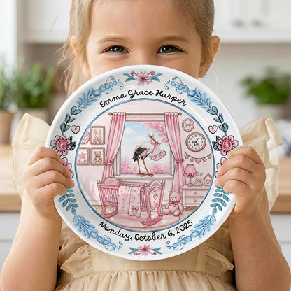 Pink Nursery Room with Stork and Floral Border Personalized Birthday Plate P518MN50