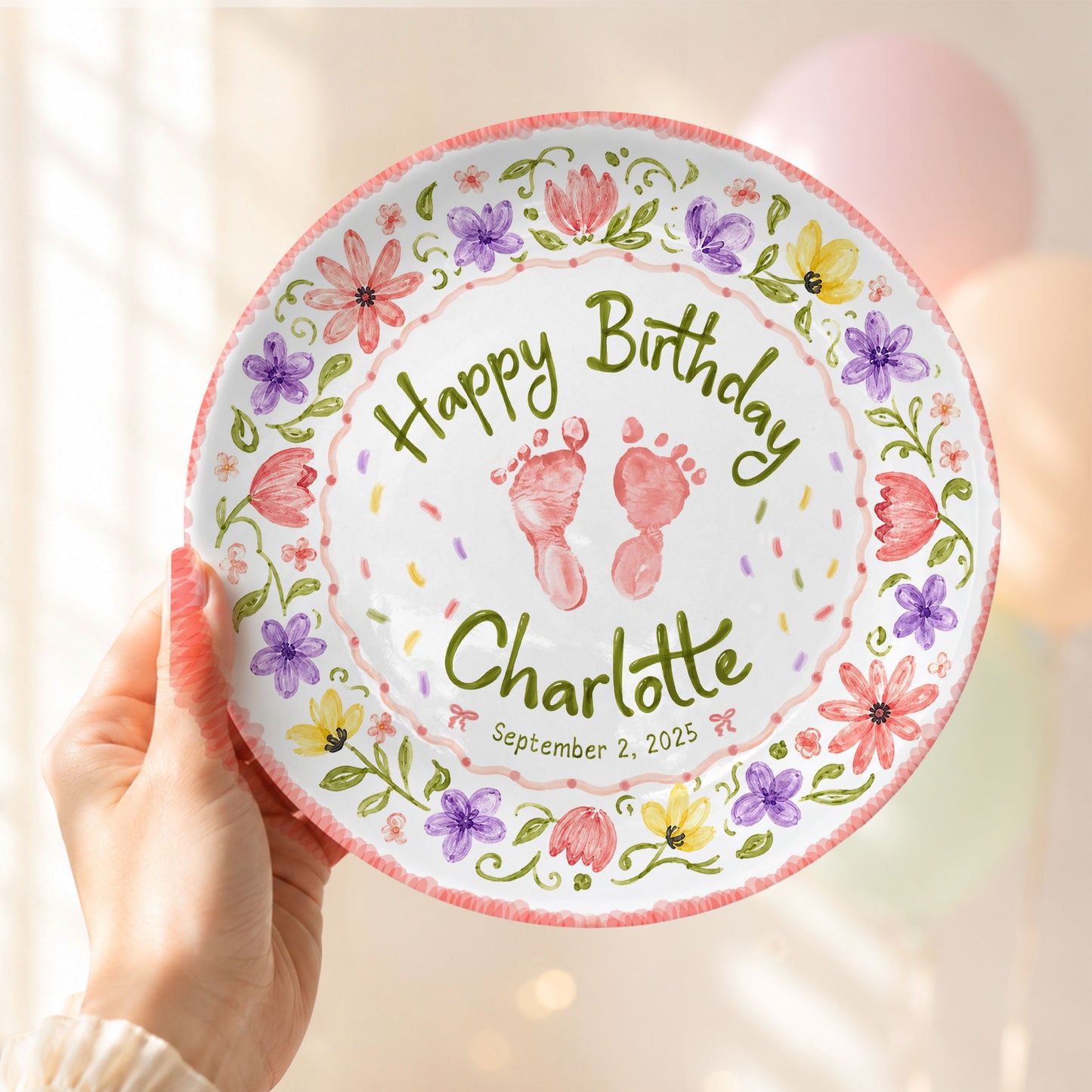 Floral Baby Footprint Personalized Birthday Plate for Girl, First Birthday Keepsake P727CV20