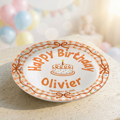 Orange Gingham Bow Personalized Birthday Plate for Kids, Custom Name and Date Ceramic Keepsake P85RP60