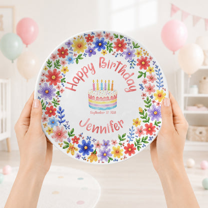 Custom Name Floral Birthday Cake Personalized Birthday Plate for Kids P619KWJ0