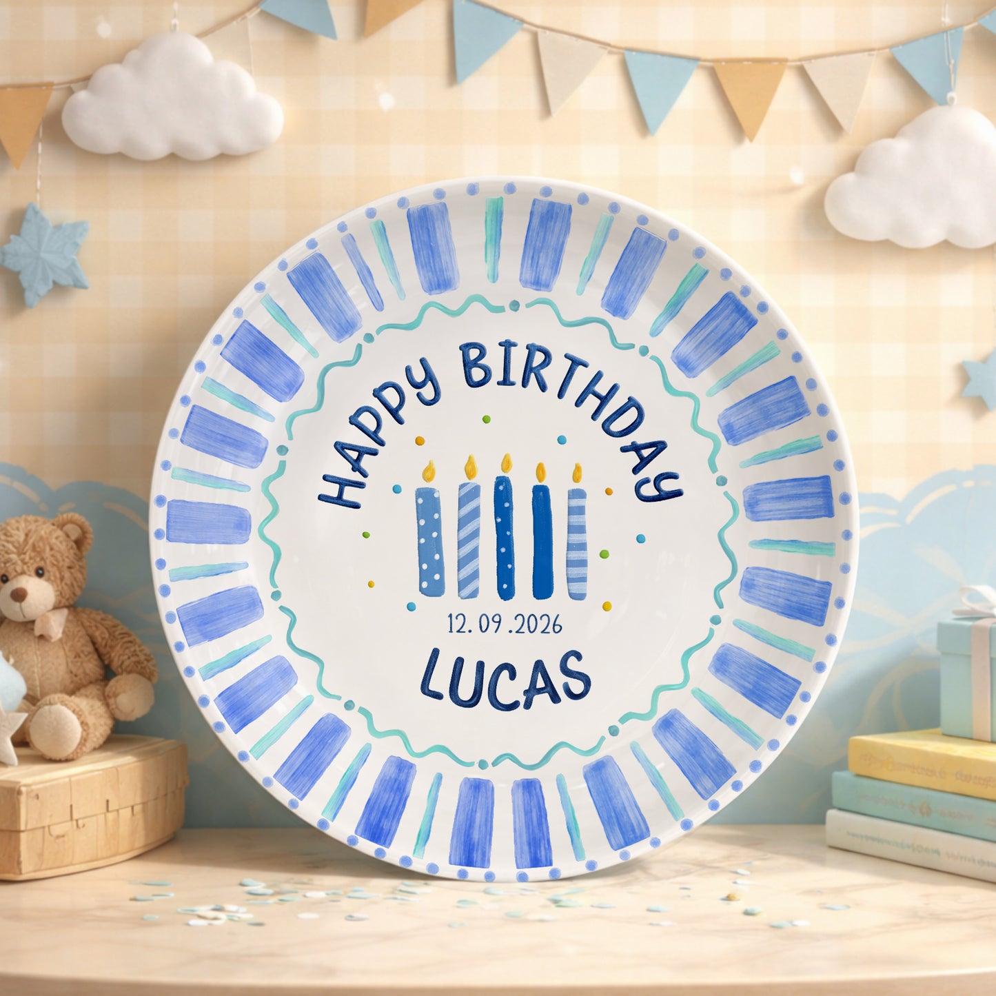 Blue Striped Candles Personalized Birthday Plate P46KBS0