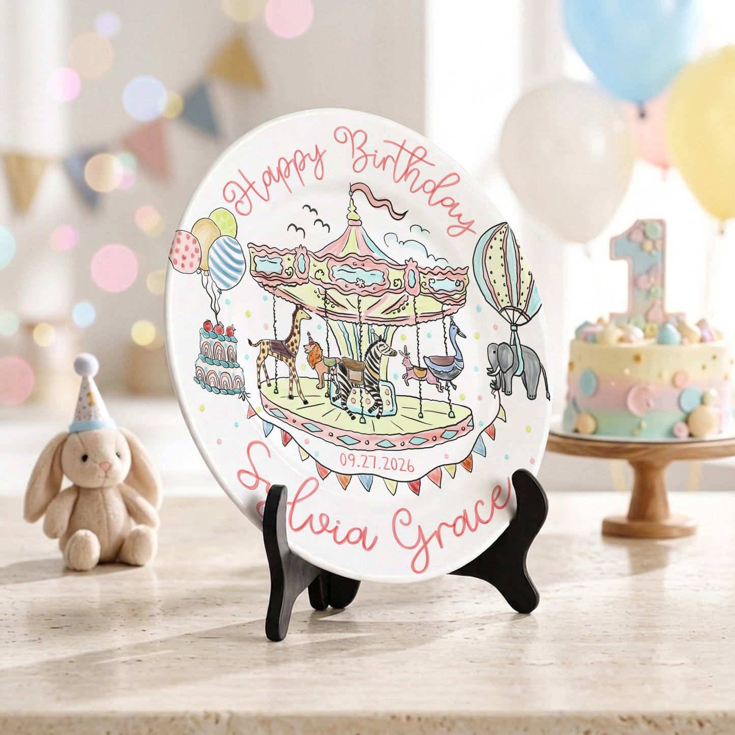 Carousel Animal Personalized Birthday Plate for Kids Custom Ceramic Keepsake P810QSG0