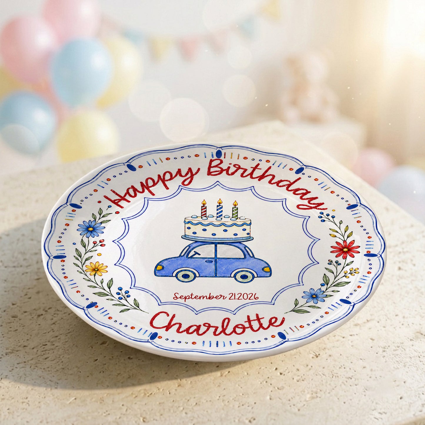 Blue Car Floral Personalized Birthday Plate for Kids Keepsake Gift P8124VP0