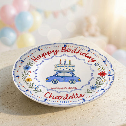 Blue Car Floral Personalized Birthday Plate for Kids Keepsake Gift P8124VP0