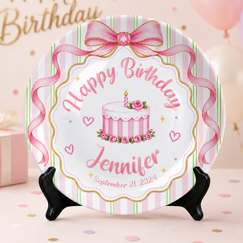 Pink Bow Personalized Birthday Plate for Girls, Custom Birthday Keepsake Gift P730PBN0