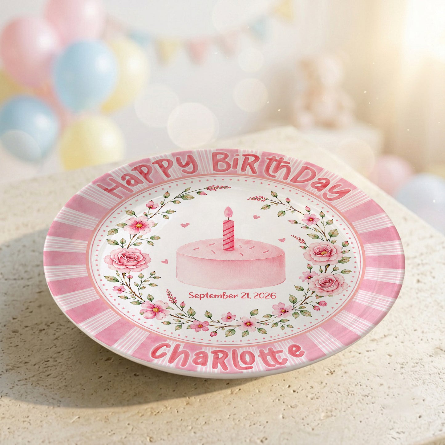 Pink Floral Cake Keepsake Personalized Birthday Plate for Baby Girls P872UD0