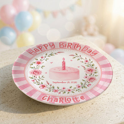 Pink Floral Cake Keepsake Personalized Birthday Plate for Baby Girls P872UD0