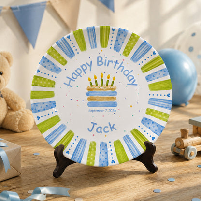 Blue Green Stripe Cake Personalized Birthday Plate P66M130