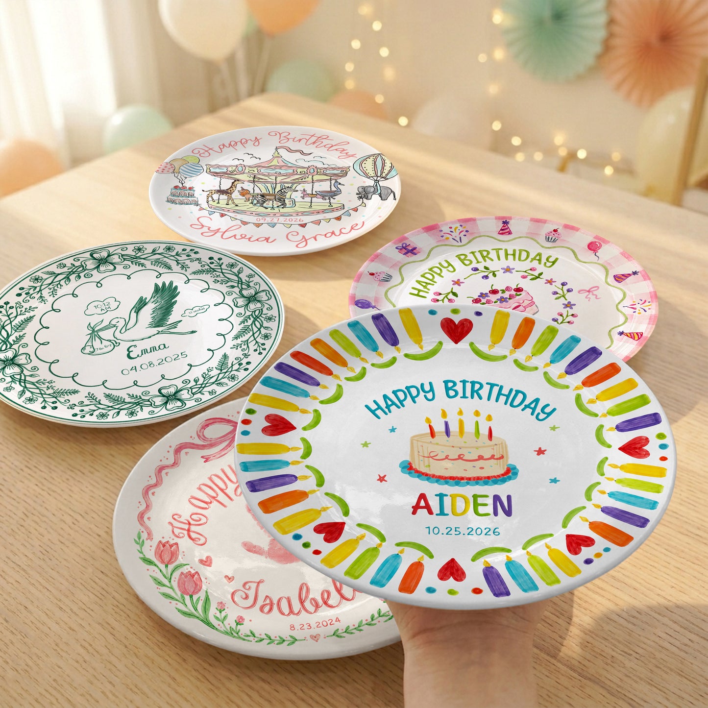 Colorful Candle Kids Birthday Keepsake Custom Name Date Personalized Birthday Plate P8140WR0