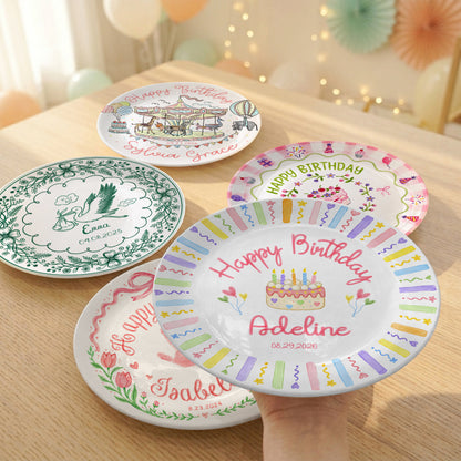 Colorful Kids Birthday Cake Custom Name Keepsake Personalized Birthday Plate Party Decor Gift P818HUN0