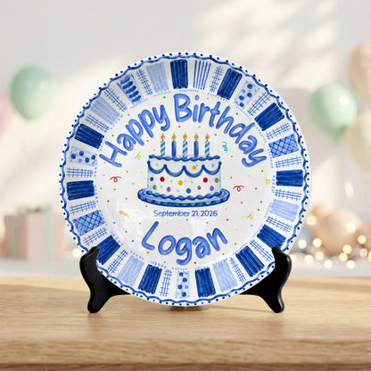 Blue Checkered Cake Personalized Birthday Plate for Boys Birthday Gift P812TGN0