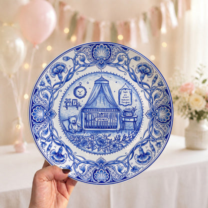 Delft Blue Newborn Birth Stats Custom Name Ceramic Personalized Birthday Plate P820OVX0