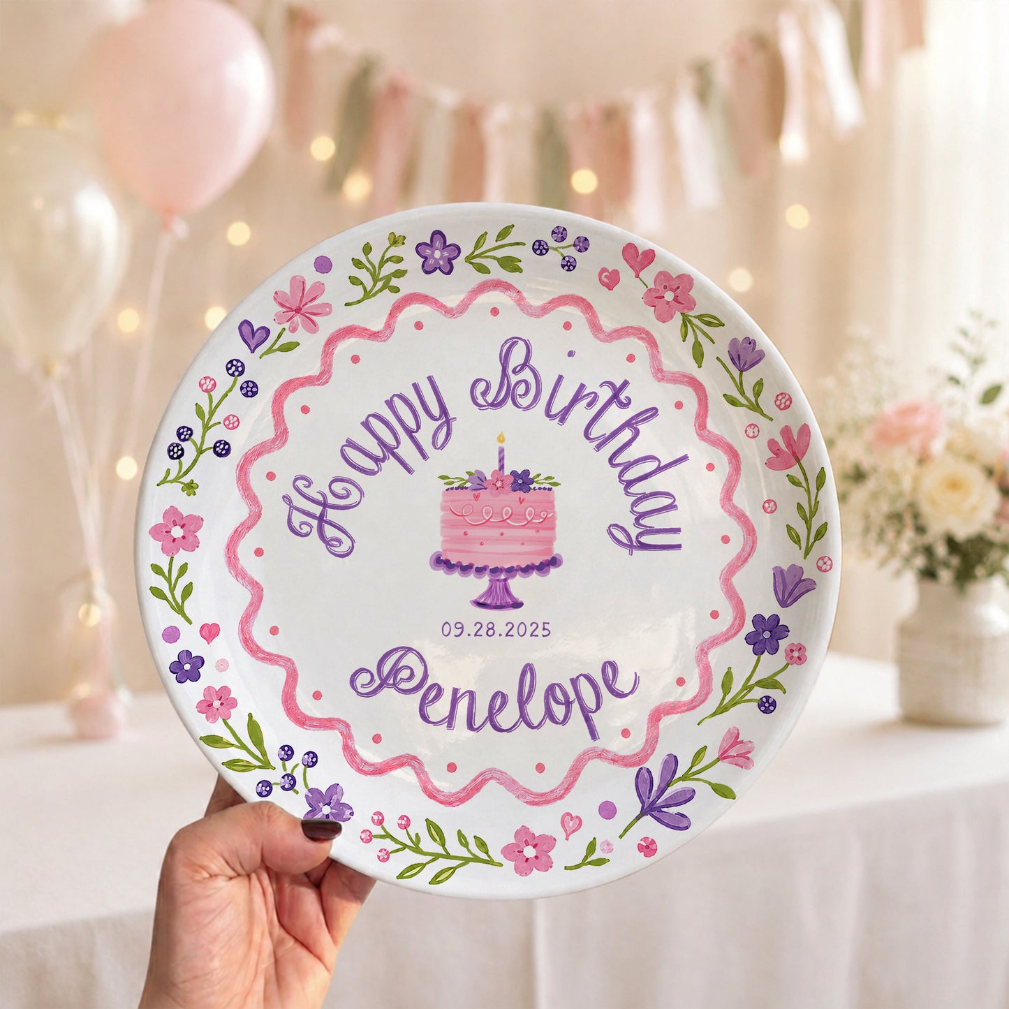 Floral Cake First Birthday Custom Name Keepsake Personalized Birthday Plate P826KAY0