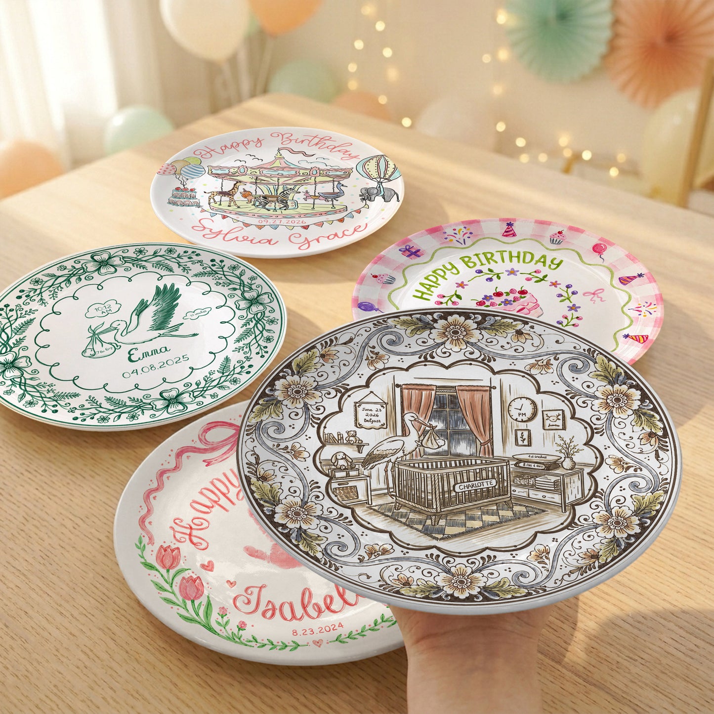 Vintage Floral Newborn Birth Stats Custom Name Ceramic Personalized Birthday Plate P820YFH0