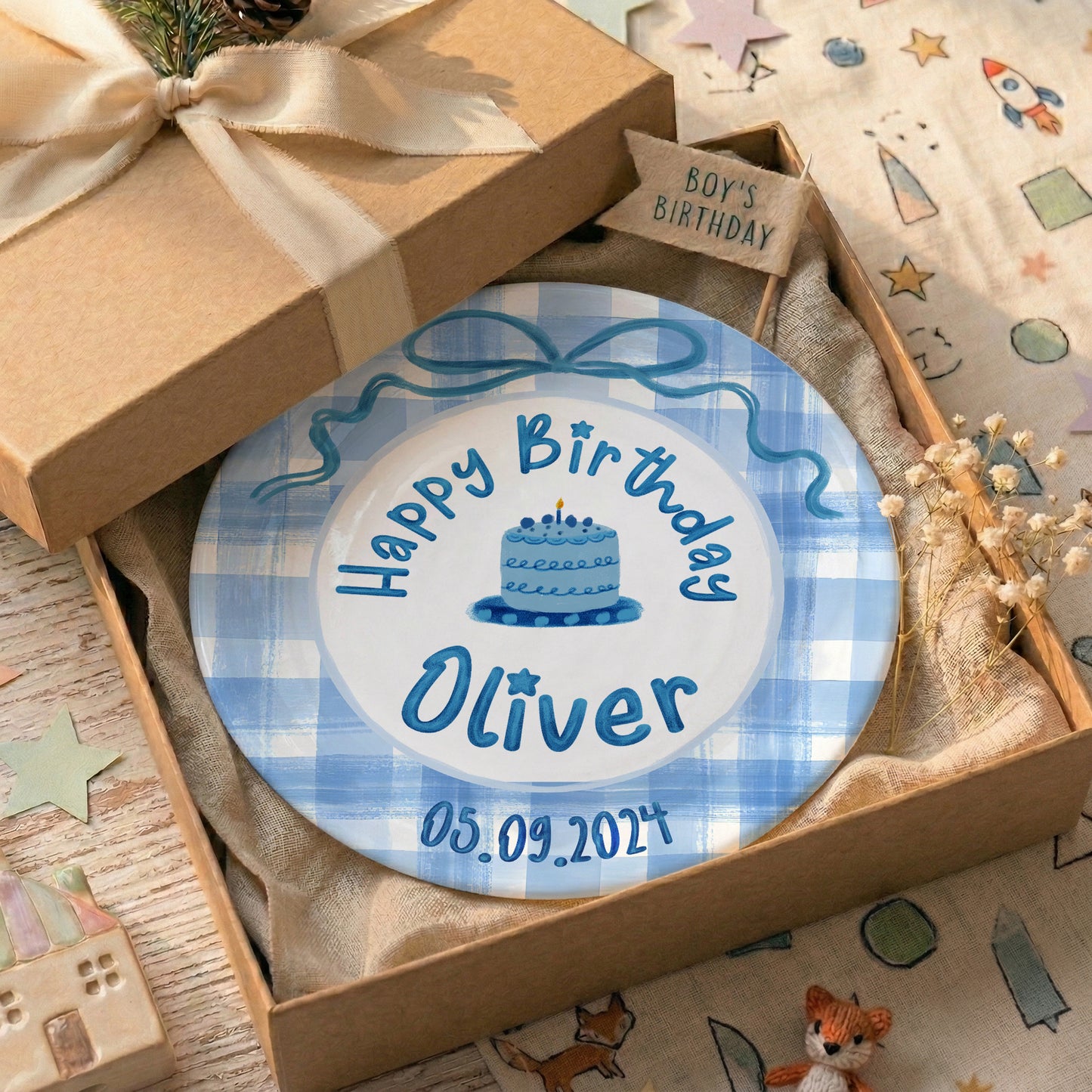 Blue Gingham Bow Personalized Birthday Plate P41V3P0