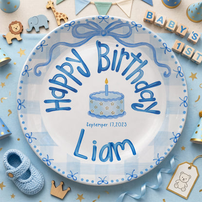 Soft Blue Gingham Personalized Birthday Plate P410VFL0