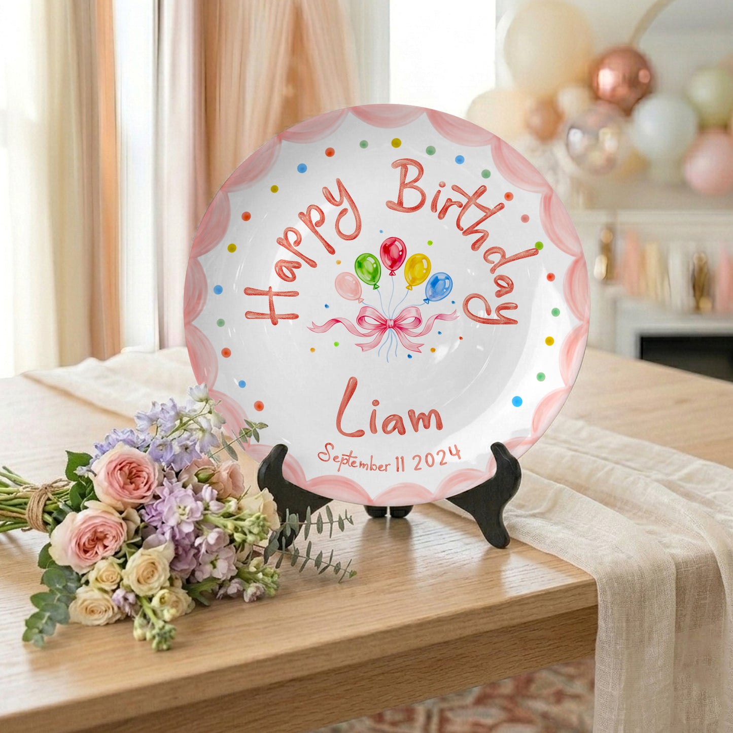 Pink Scallop Balloon Personalized Birthday Plate P410HJT0