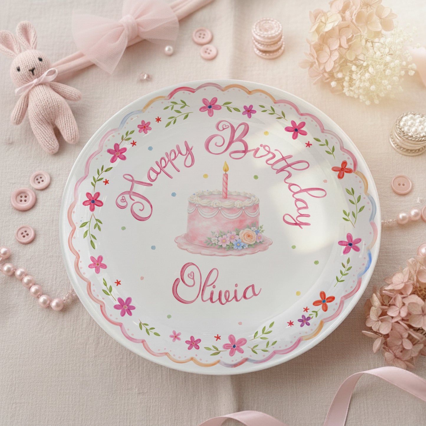 Pink Floral Scallop Personalized Birthday Plate P226GZM0