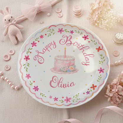 Pink Floral Scallop Personalized Birthday Plate P226GZM0