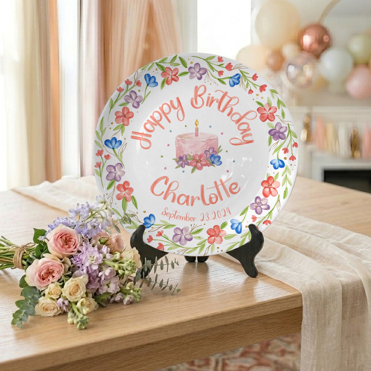 Colorful Floral Cake Personalized Birthday Plate for Girls P417GEG0