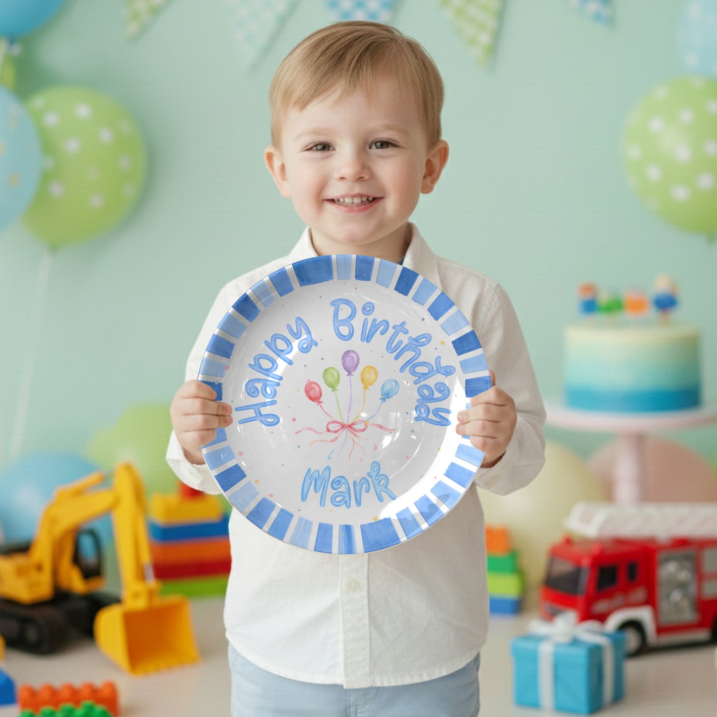 Blue Striped Balloon Personalized Birthday Plate P225XBR0