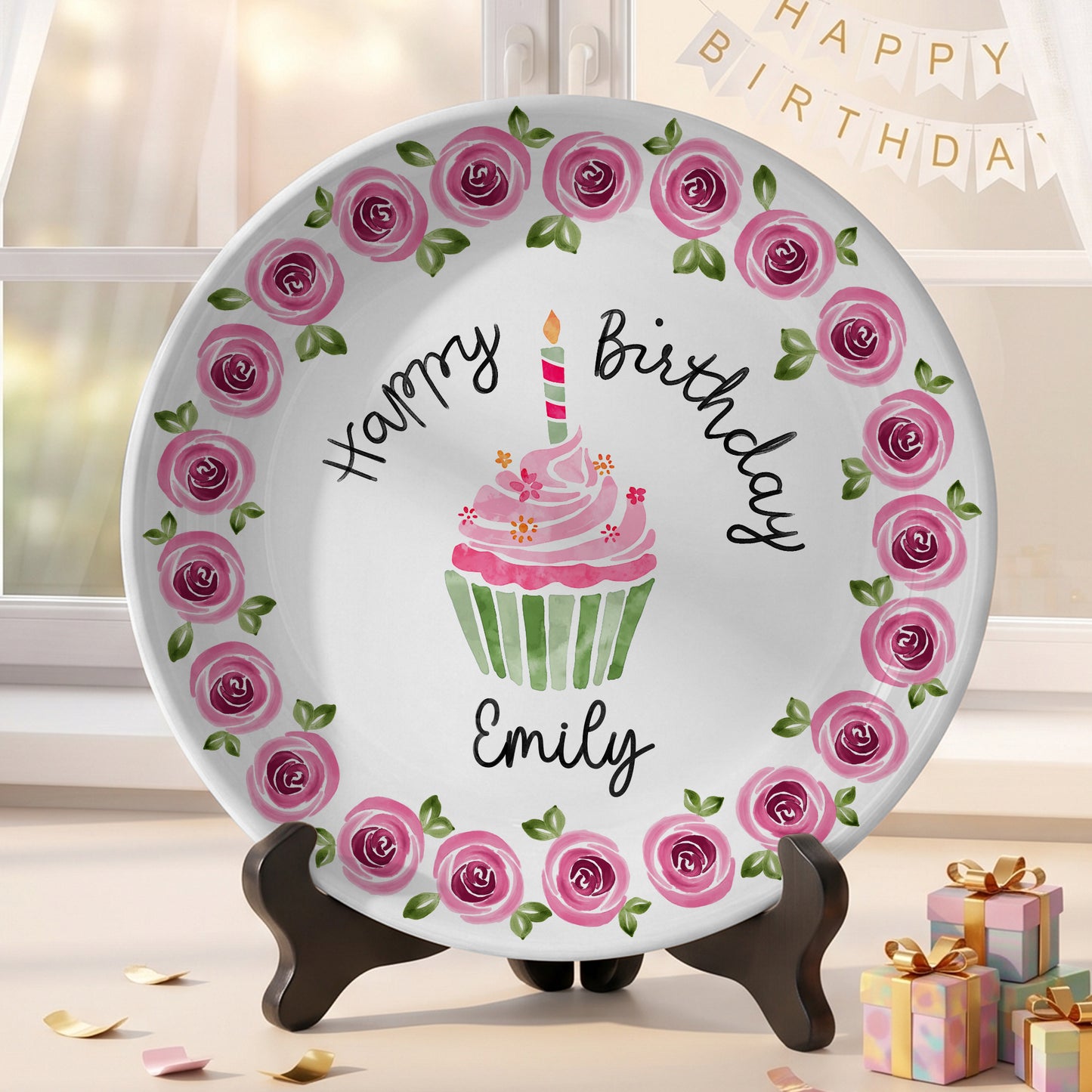 Pink Rose Cupcake Birthday Keepsake Personalized Birthday Plate P626IC7TT