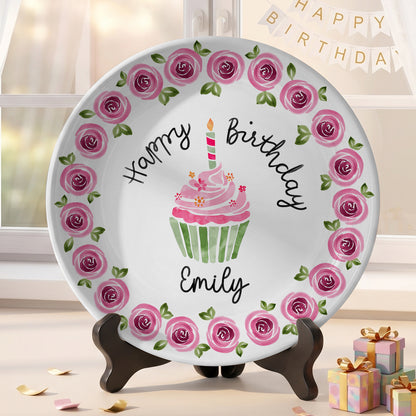 Pink Rose Cupcake Birthday Keepsake Personalized Birthday Plate P626IC7TT