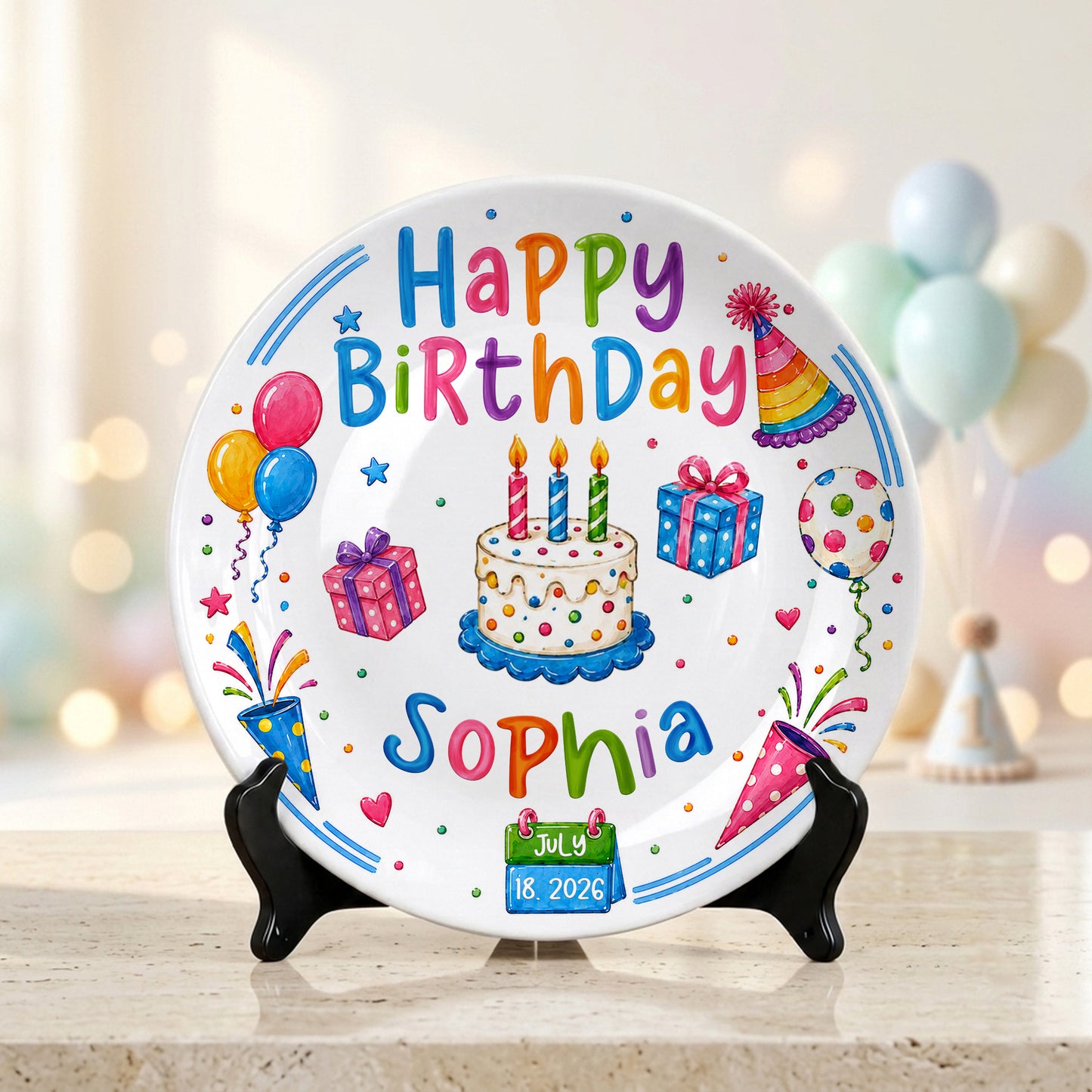 Colorful Party Cake Keepsake Gift Personalized Birthday Plate for Kids P86Z2N0