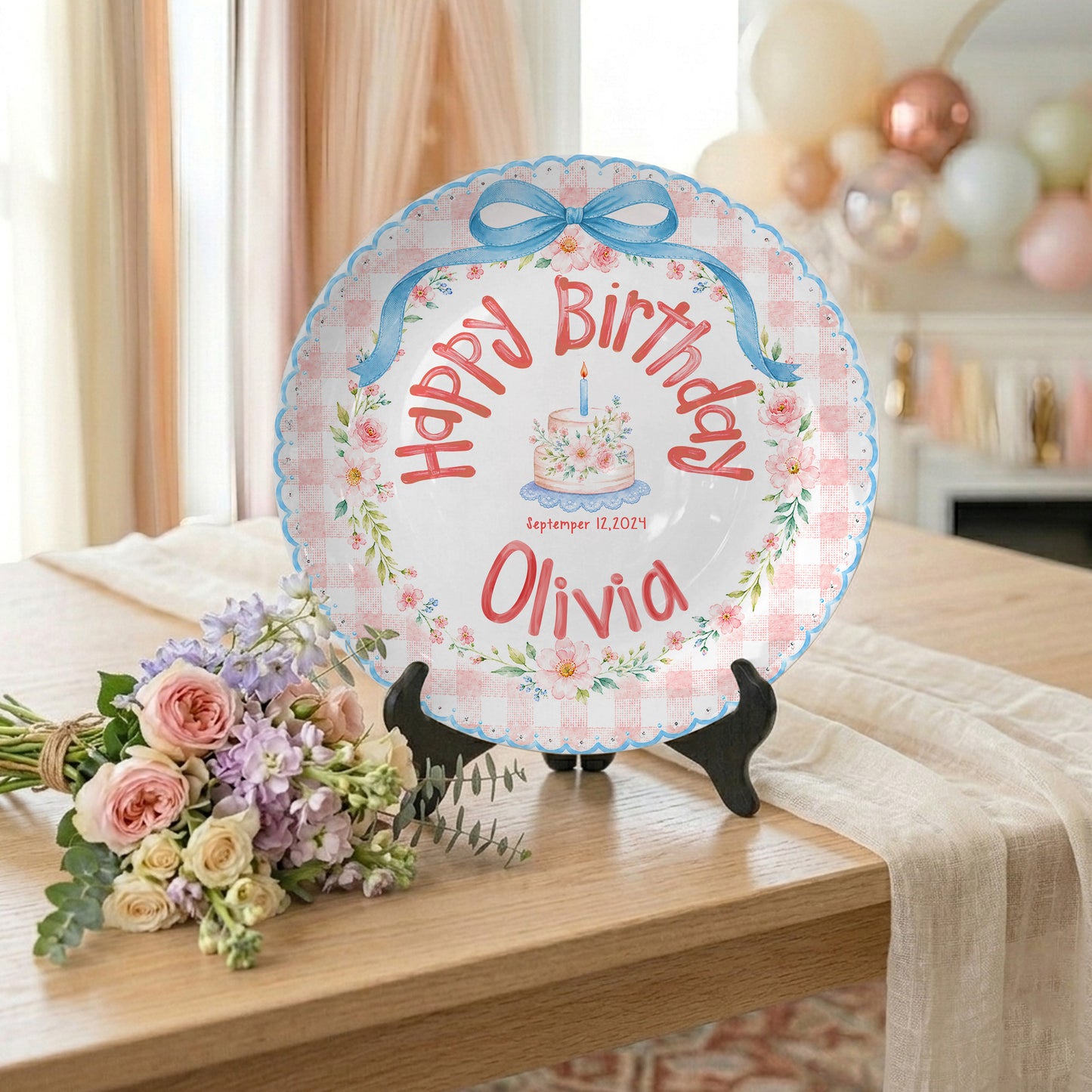 Blue Bow Gingham Floral Personalized Birthday Plate P561Y10