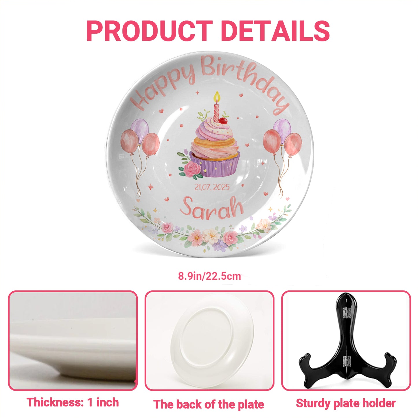 Cupcake with Balloons and Floral Personalized Birthday Plate D319DJS0