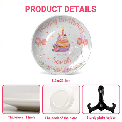 Cupcake with Balloons and Floral Personalized Birthday Plate D319DJS0