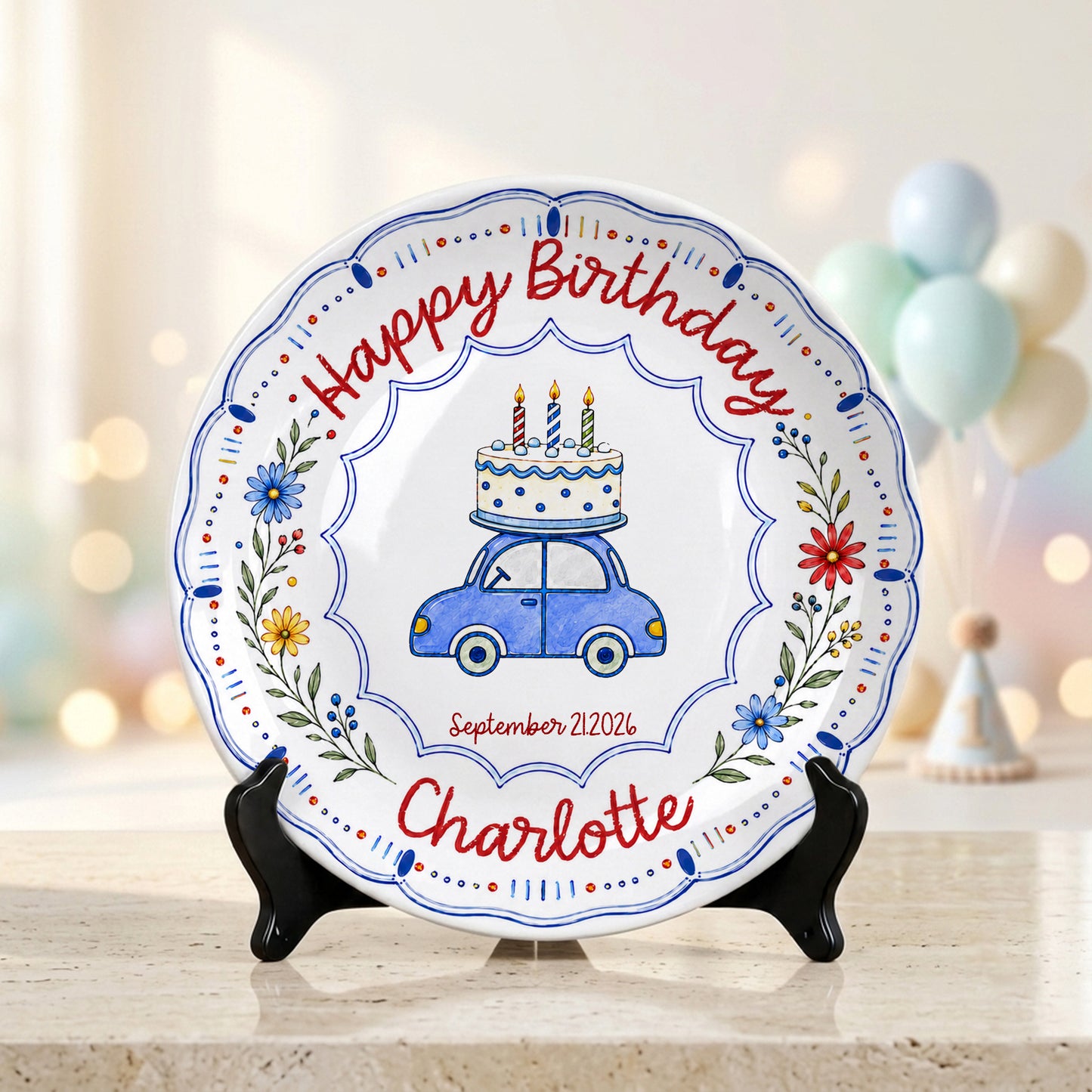 Blue Car Floral Personalized Birthday Plate for Kids Keepsake Gift P8124VP0