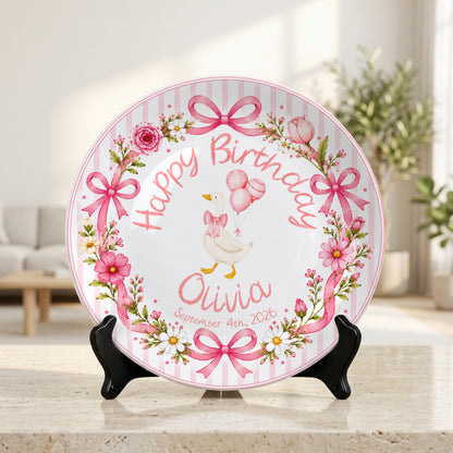 Pink Gingham Goose Keepsake Personalized Birthday Plate P718Q670