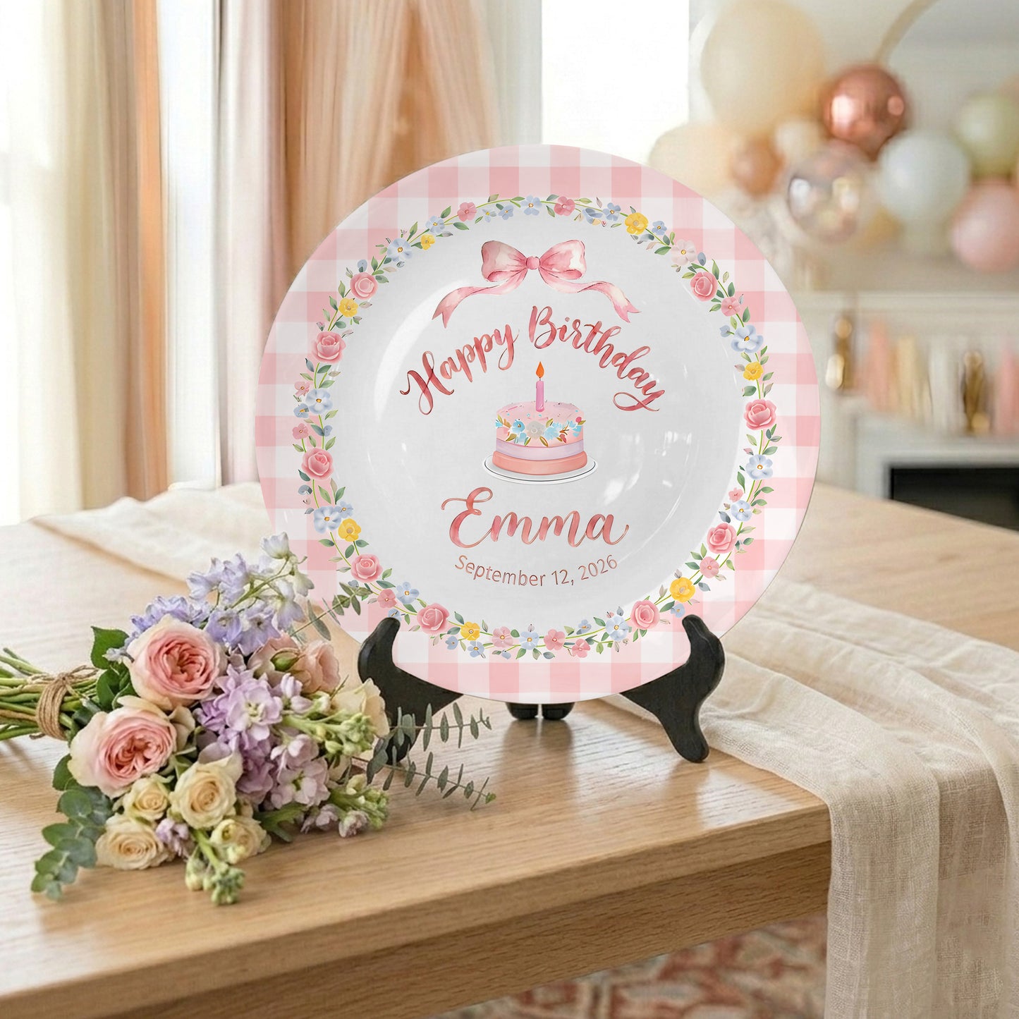 Pink Gingham Border with Floral Wreath Bow Personalized Birthday Plate P4151HJ0