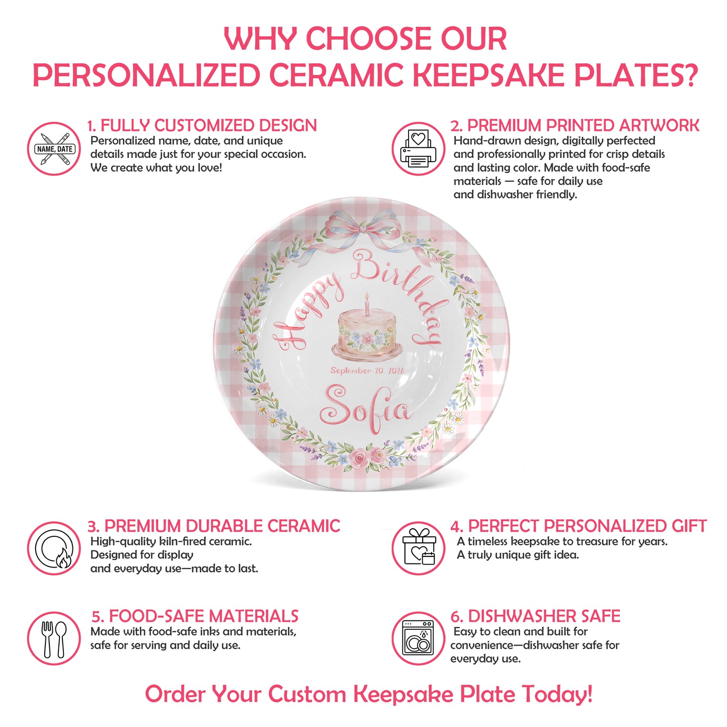 Pink Gingham Bow and Floral Wreath Cake Personalized Birthday Plate P415RRC0