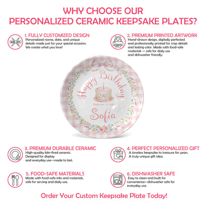 Pink Gingham Bow and Floral Wreath Cake Personalized Birthday Plate P415RRC0
