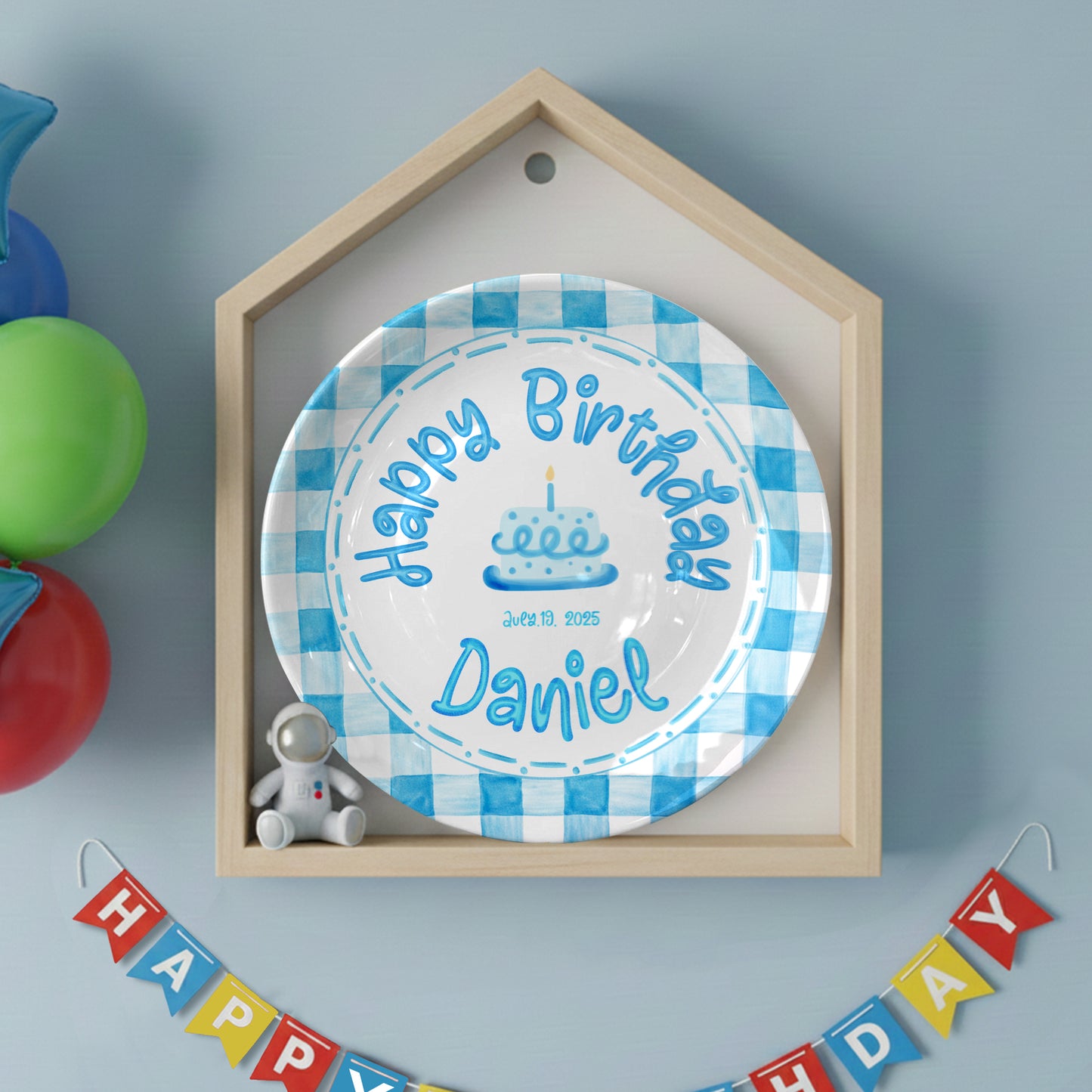 Classic Blue Gingham Personalized Birthday Plate P314ZPP0