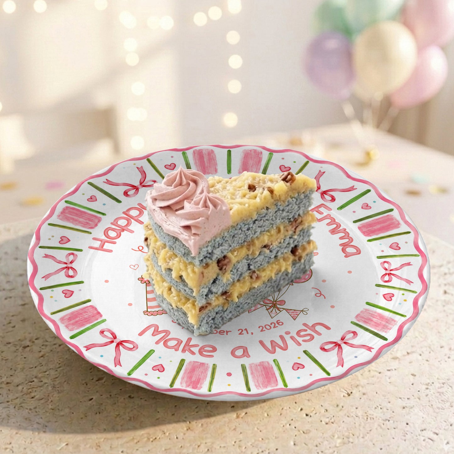 Pink Floral Girl Cake Balloon Make Wish Personalized Birthday Plate P810UCS0